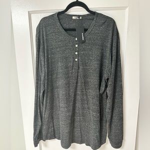 Buck Mason pima curved hem henley grey 3/4 button down long sleeve shirt. XXL